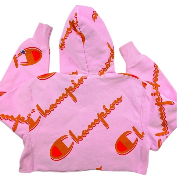 Champion Pink/Brown Thick Reverse Weave Cropped Pullover Hoodie Sweatshirt (M) - Picture 3 of 15